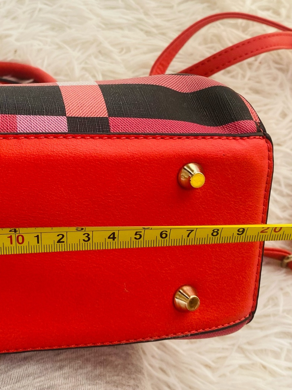Coral Red Plaid Structured Satchel Crossbody Top Handle Handbag Purse - Picture 9 of 13